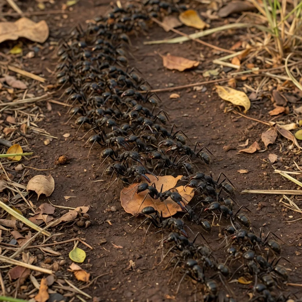 A column of Siafu driver ants marching in formation across African soil, hundreds of soldier ants with powerful mandibles