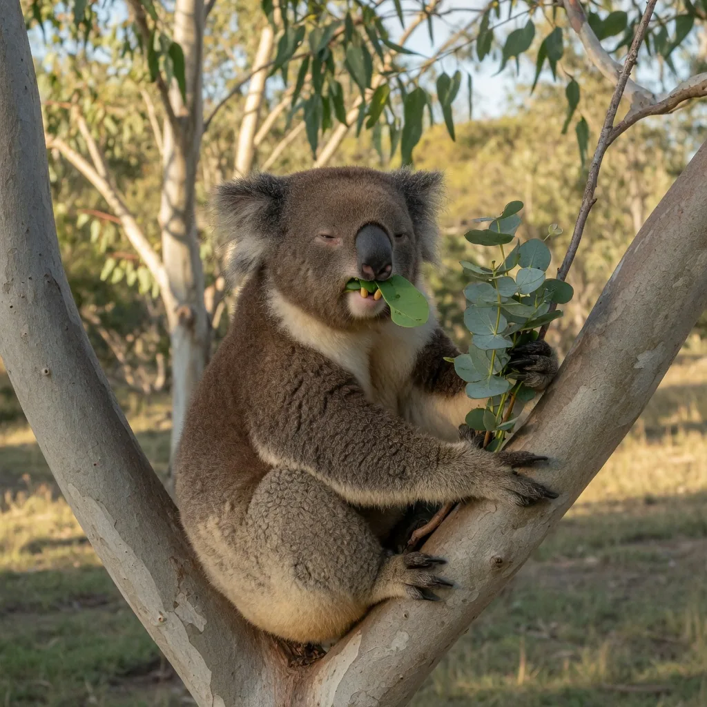 A koala seated in a eucalyptus tree, clipping and chewing leaves with its front teeth, a key dietary adaptation.