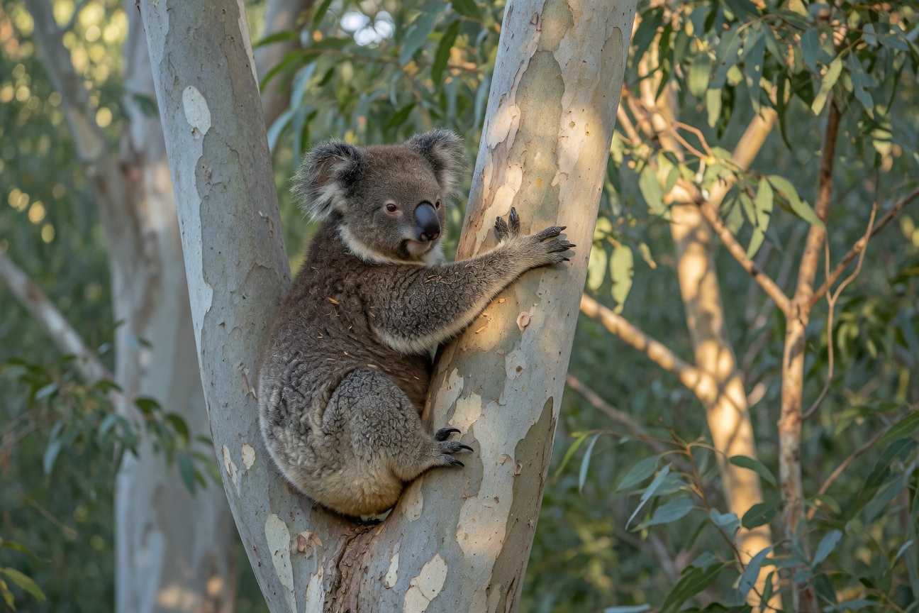 A koala clings to the fork of a eucalyptus tree, surrounded by green foliage and dappled sunlight.