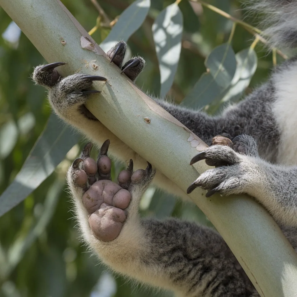 Close-up of a koala's front paw showing the two opposing thumb-like digits and sharp curved claws gripping a eucalyptus branch.
