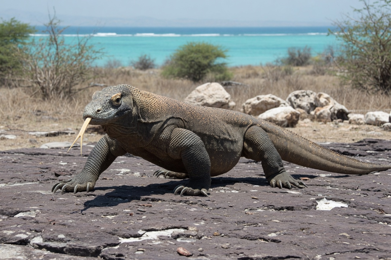 A Komodo dragon stands on dark rock with its yellow forked tongue extended, set against a backdrop of dry vegetation and the ocean.