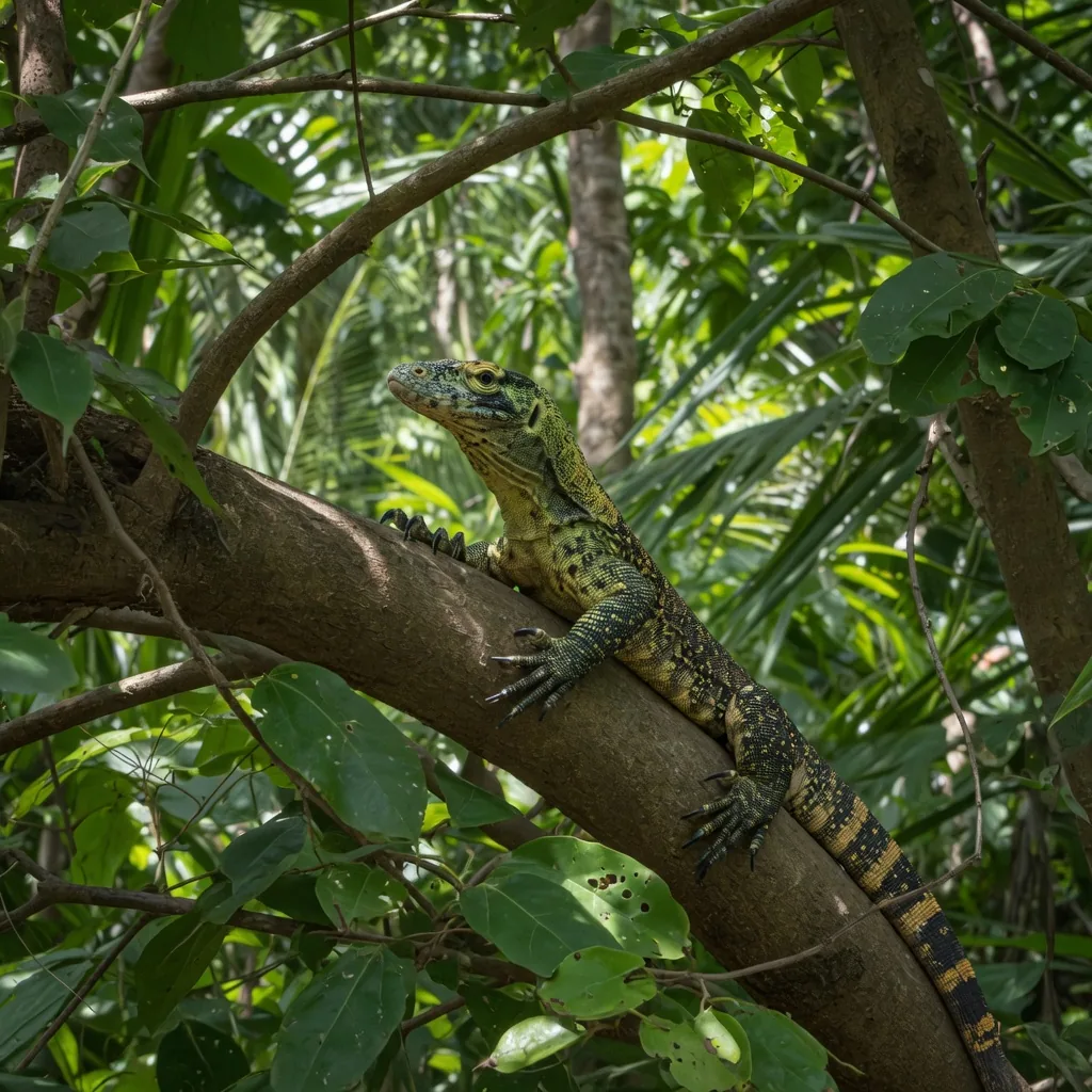 A young juvenile Komodo dragon with green and yellow stripes perched in a tree