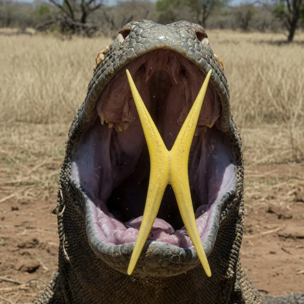 Close-up of a Komodo dragon's forked yellow tongue extended