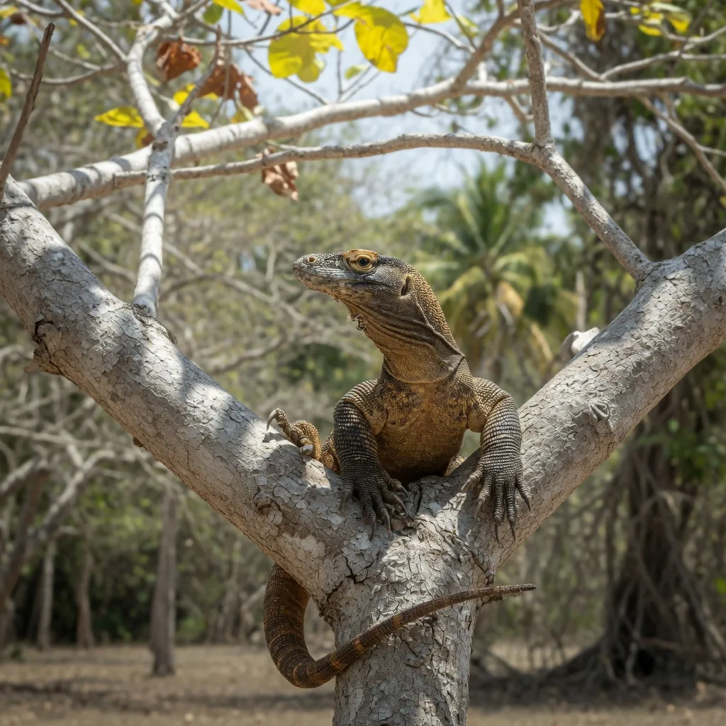 A young juvenile Komodo dragon gripping a tree branch high above the forest floor