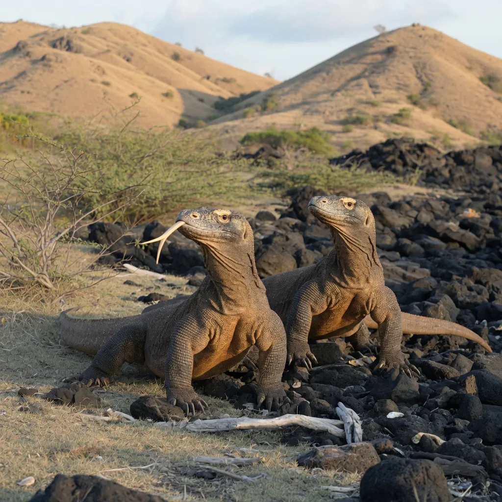 Two Komodo dragons on the rocky volcanic shore of Rinca Island, Indonesia