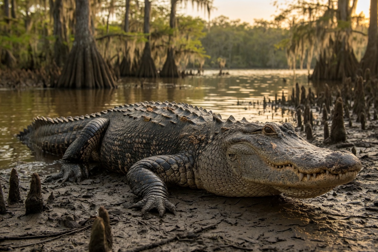 A large alligator rests on a muddy bank in a swamp with cypress trees and Spanish moss.