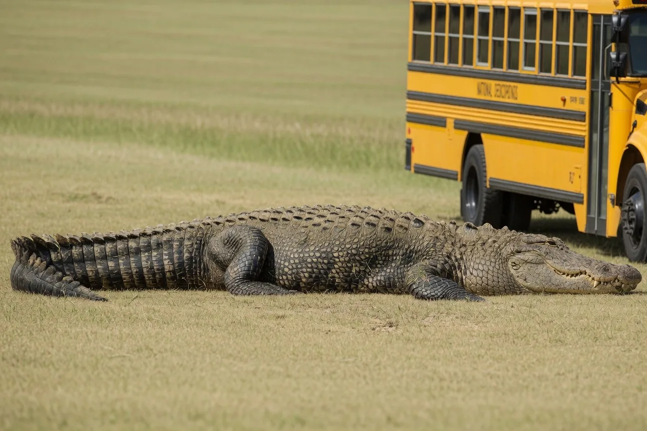 Size comparison showing an American alligator at full 19-foot length next to a school bus to illustrate scale