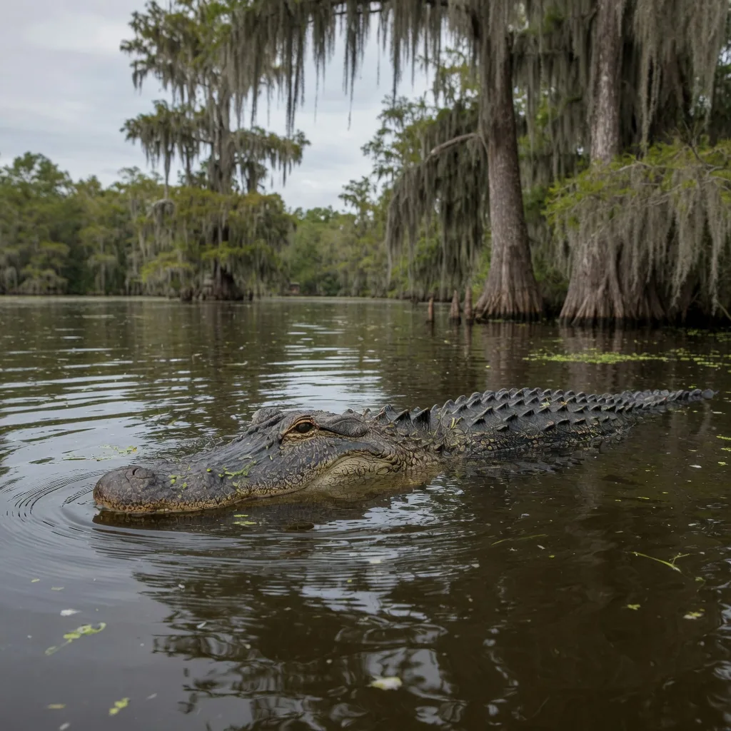 American alligator swimming through a Louisiana bayou, its massive armored back visible above dark water