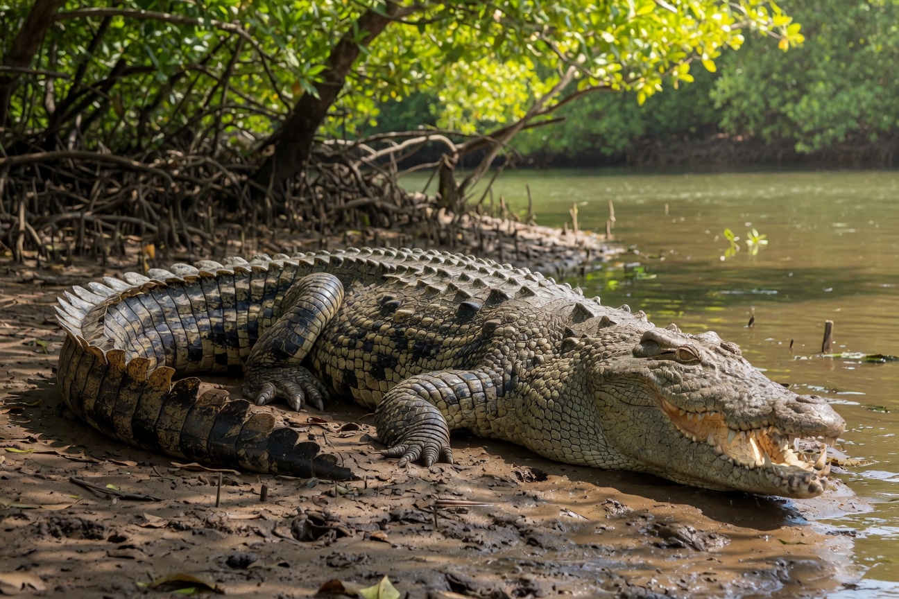 A large crocodile rests on a muddy riverbank with its mouth slightly open near mangrove roots.