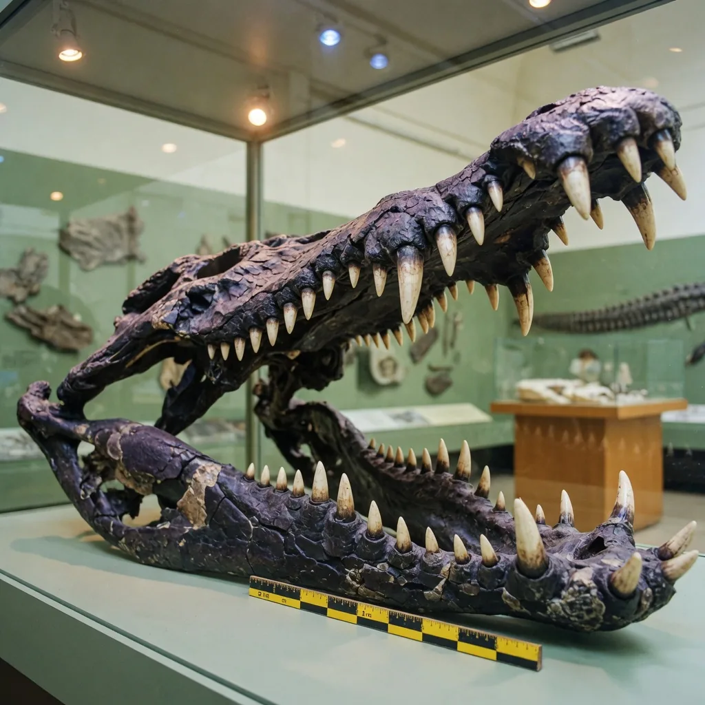 Museum fossil display of a Sarcosuchus imperator skull, showing the enormous elongated jaw with conical teeth