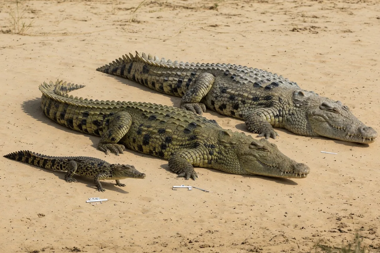 Size comparison showing the dwarf crocodile, Nile crocodile, and saltwater crocodile lined up at scale