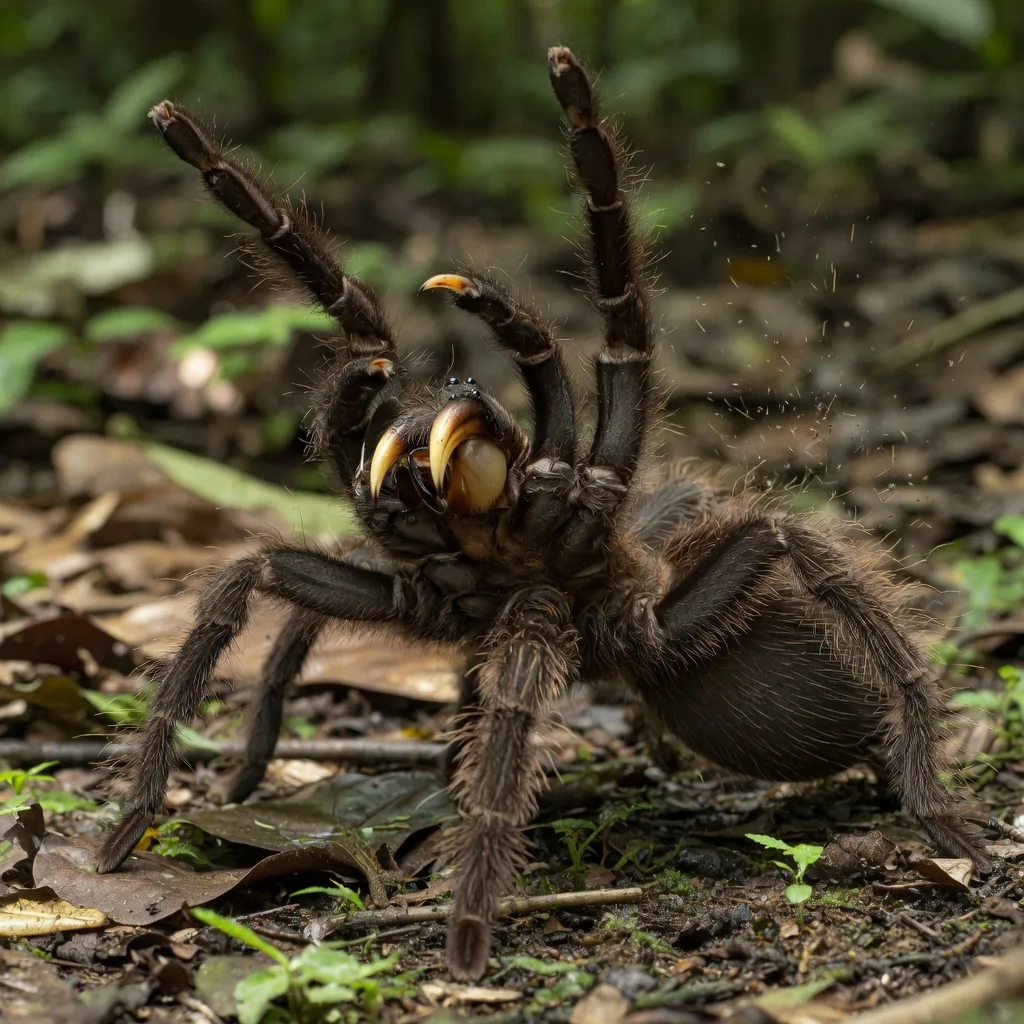 Close-up of Goliath birdeater showing its large fangs with venom glands and hairy abdomen