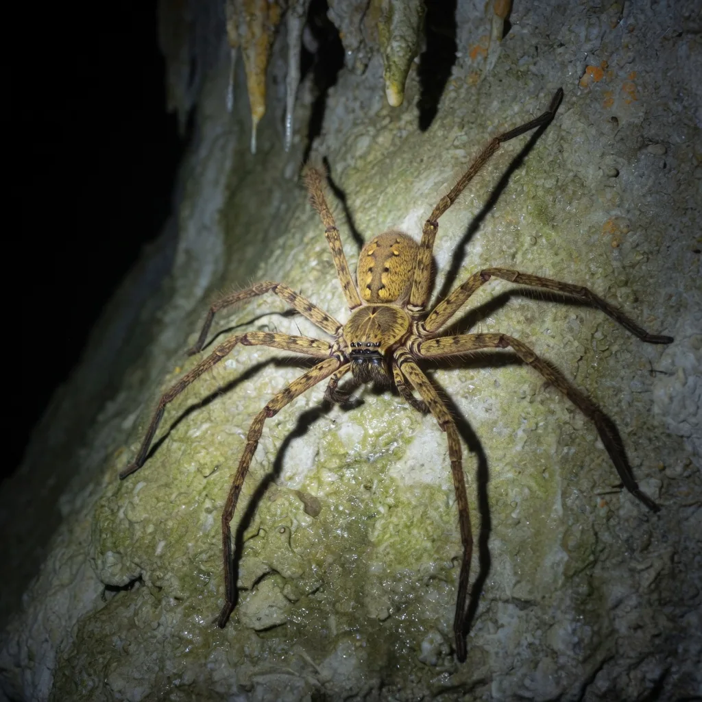 Giant huntsman spider clinging to a cave wall in Laos, enormous leg span visible