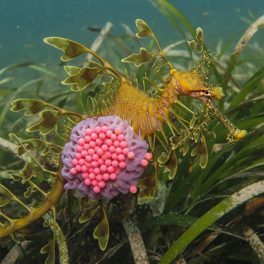 A male leafy sea dragon carrying bright pink eggs on its brood patch on its tail