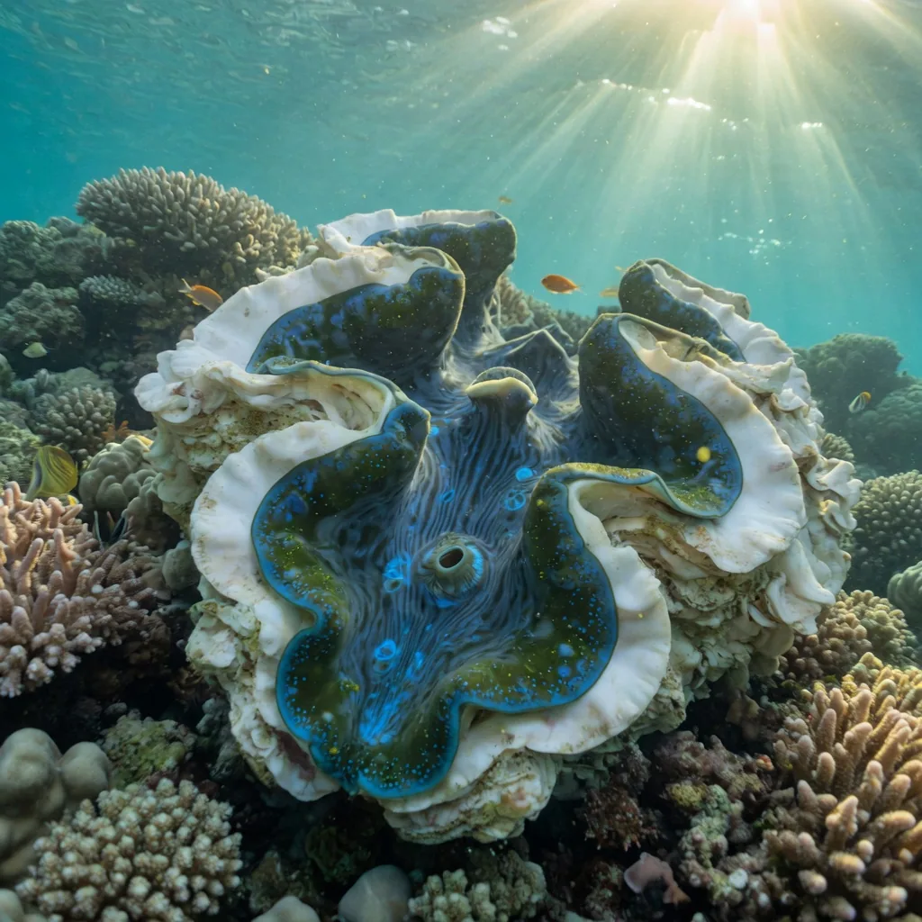 Underwater view of a living giant clam on a Pacific coral reef, blue-green mantle glowing in clear water
