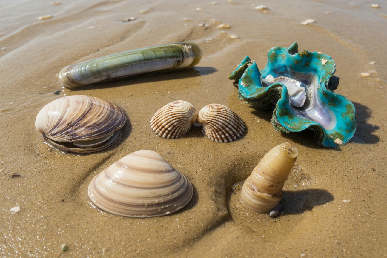 Various seashells, including a razor clam and a colorful oyster, resting on wet sand.