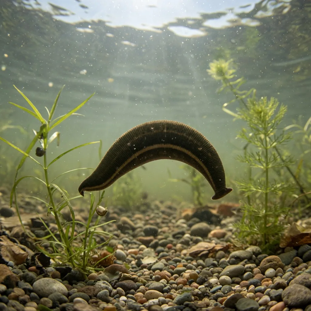 A freshwater leech swimming in a clear shallow pond among aquatic plants and pebbles