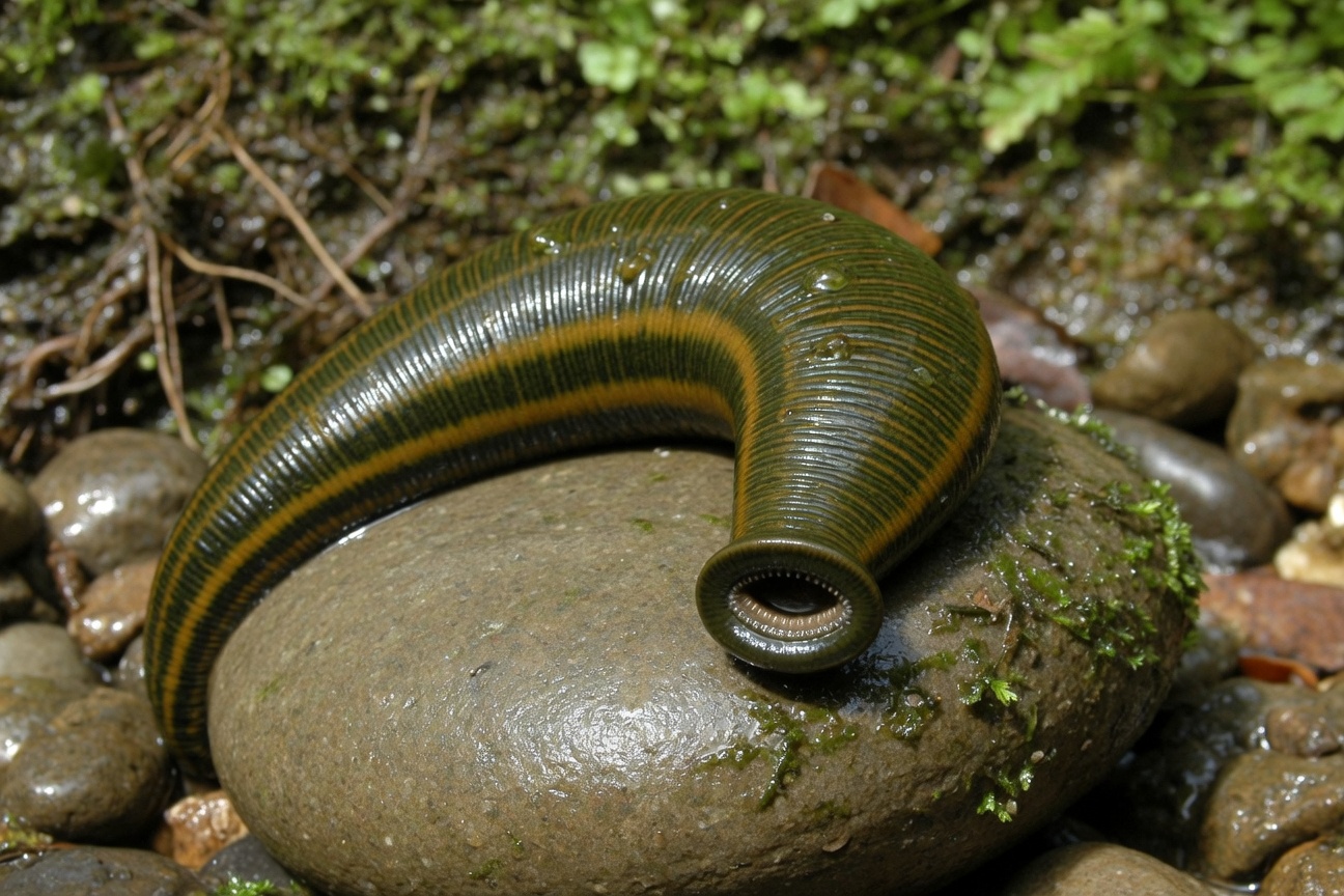 A large green and yellow striped leech curls on a wet rock near mossy water.