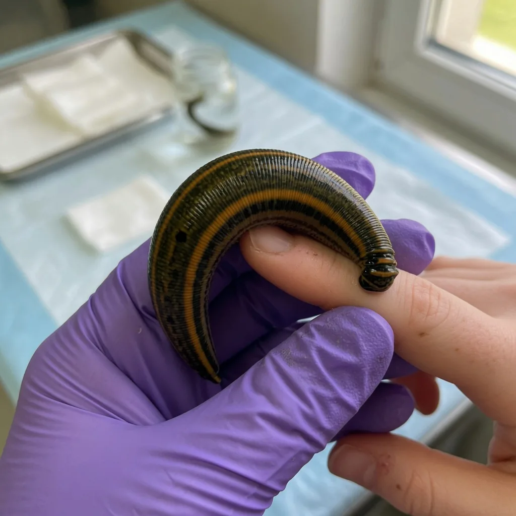 A medicinal leech attached to a finger during hirudotherapy treatment in a clinical setting