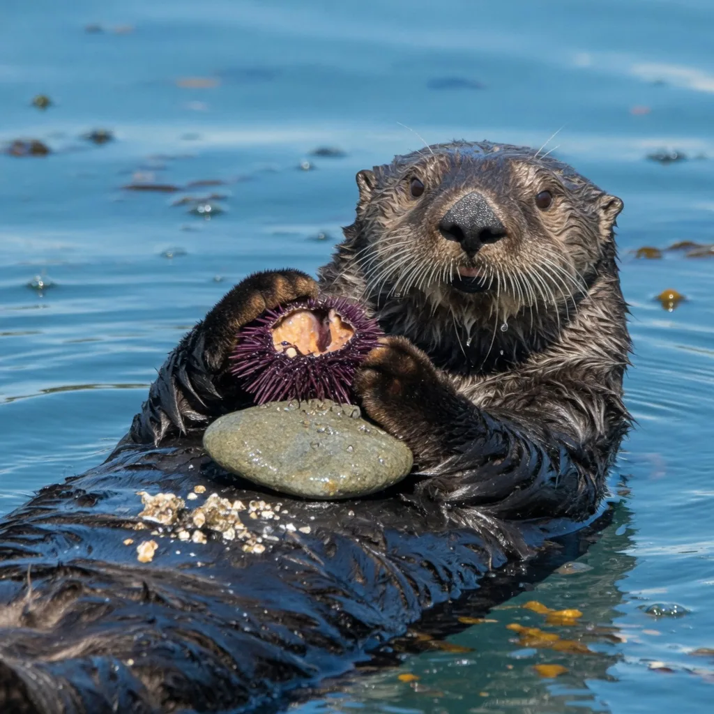 A sea otter floating on its back in the Pacific, cracking open a sea urchin on its chest using a rock as a tool