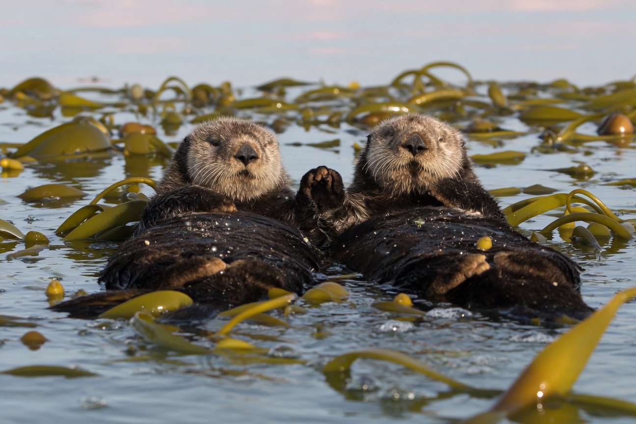 Two sea otters float on their backs holding paws amidst a kelp forest.