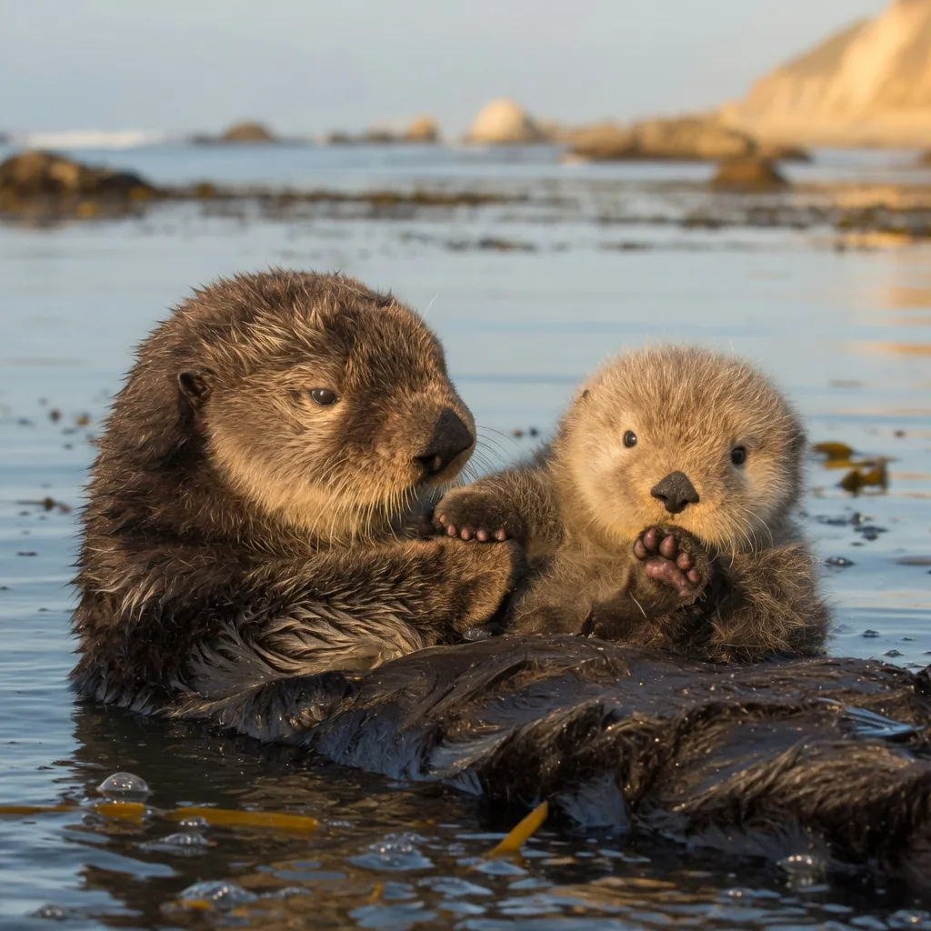 A sea otter mother floating in the ocean and cradling her tiny fluffy pup on her chest while grooming it