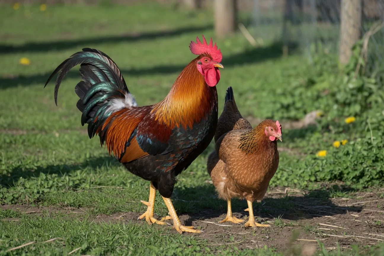 An adult rooster with colorful plumage standing beside a hen in a green farmyard