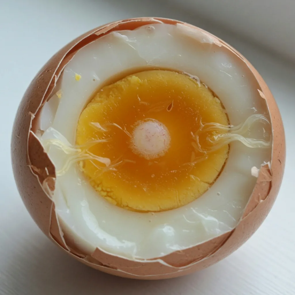 Cross-section of a fertilized chicken egg showing the yolk, albumin, and shell layers