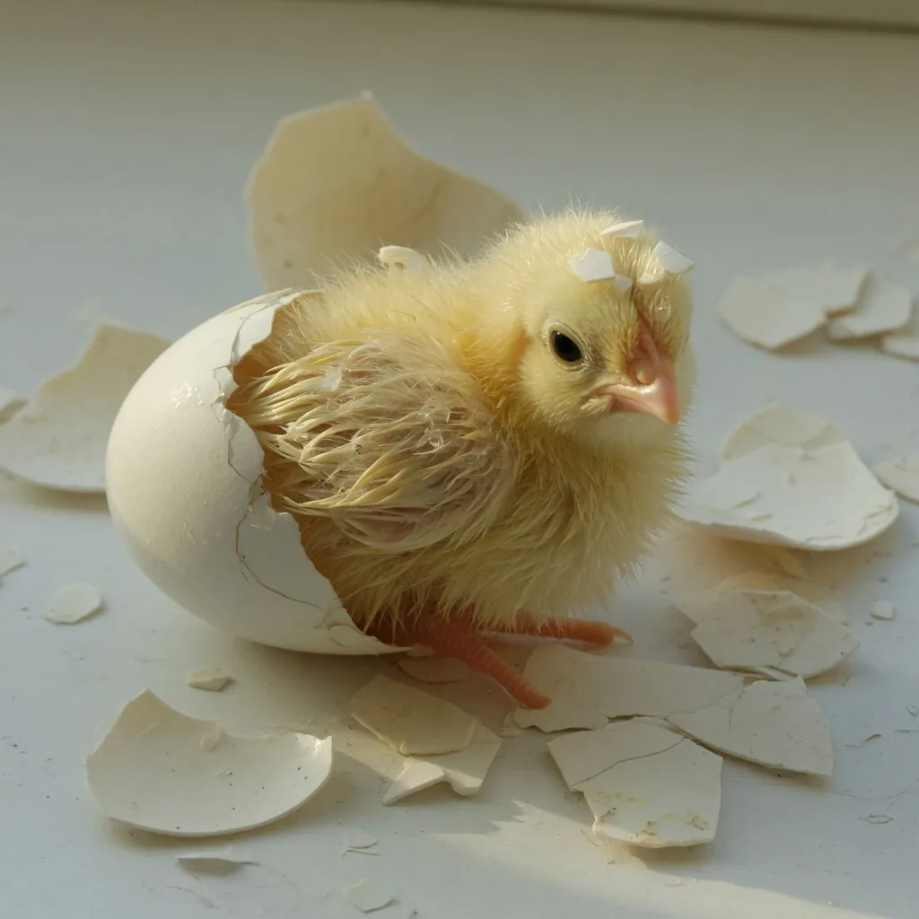 A newly-hatched yellow chick breaking out of its eggshell, fluffy down feathers still damp