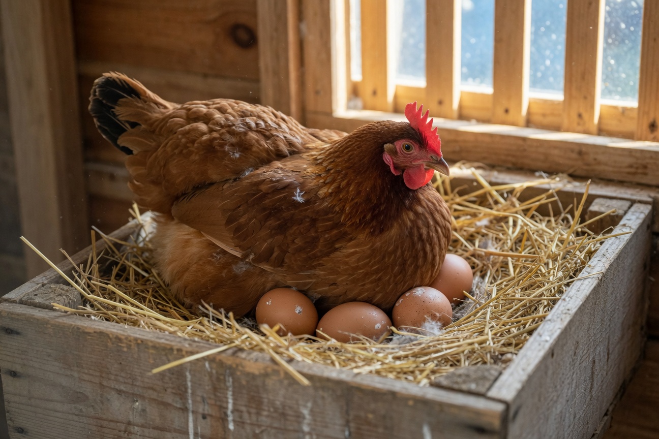 A brown hen sits on four eggs in a straw-filled wooden nesting box inside a coop.
