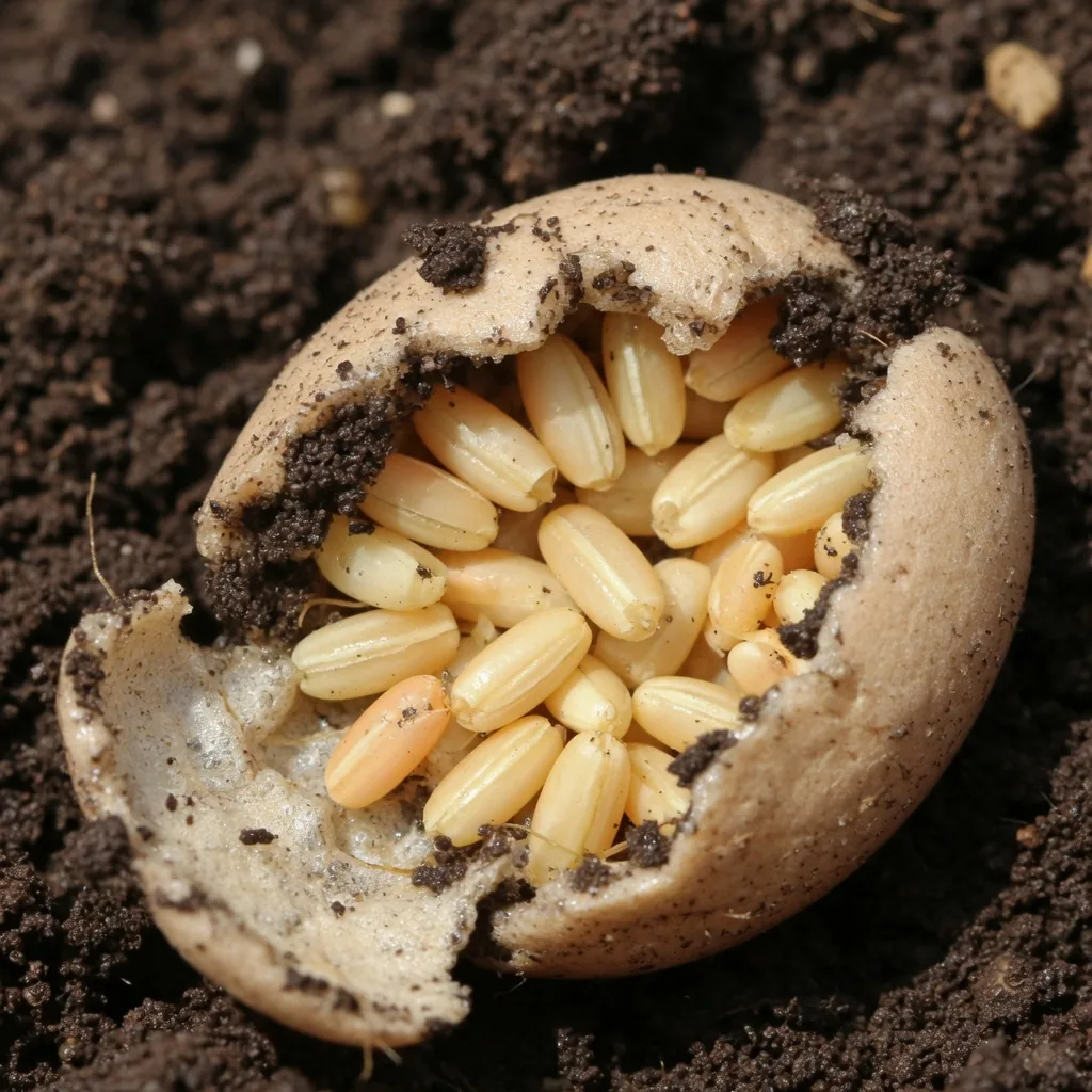 Macro photograph of a grasshopper egg pod showing a cluster of pale rice-shaped eggs in a foam casing just below the soil surface