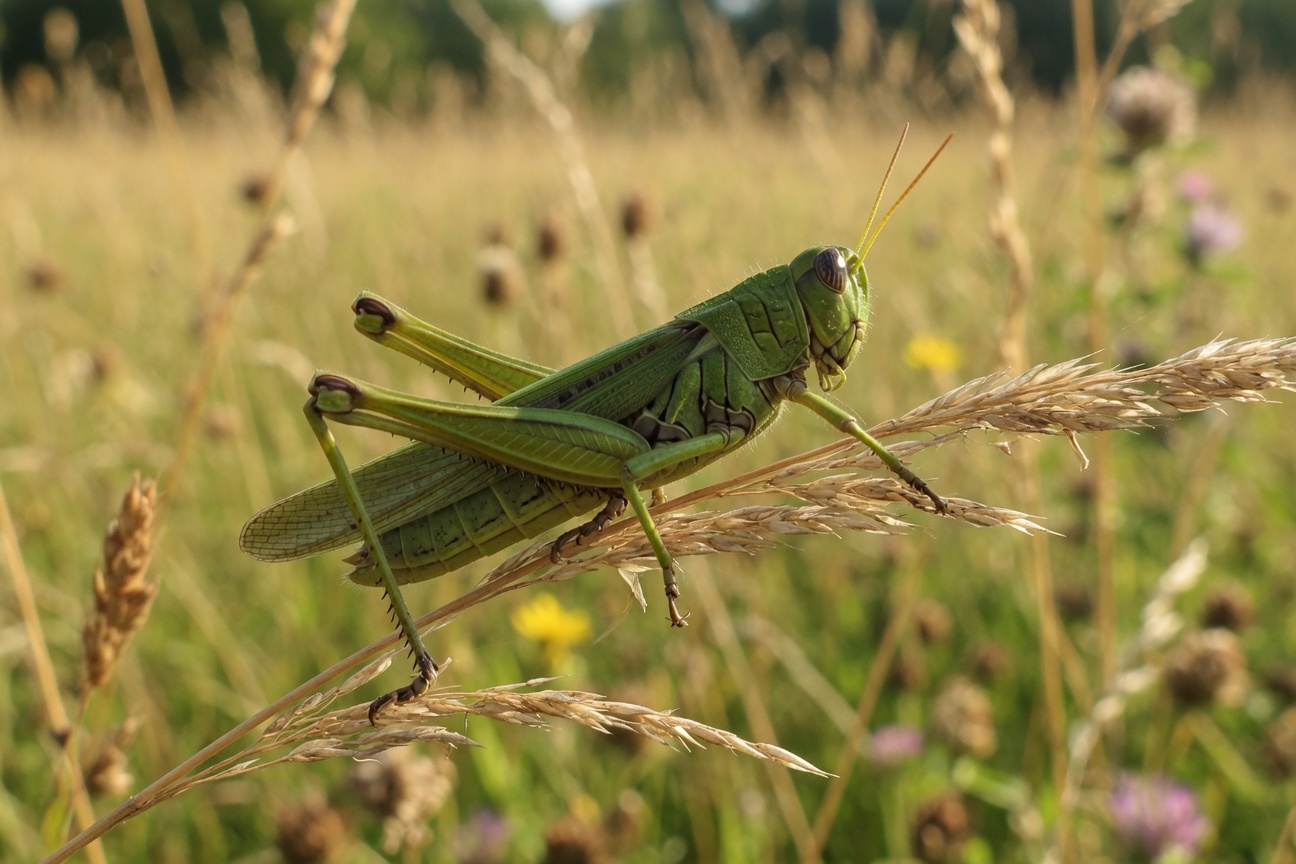 A green grasshopper perches on a stalk of dried grass in a sunlit meadow with blurred wildflowers.