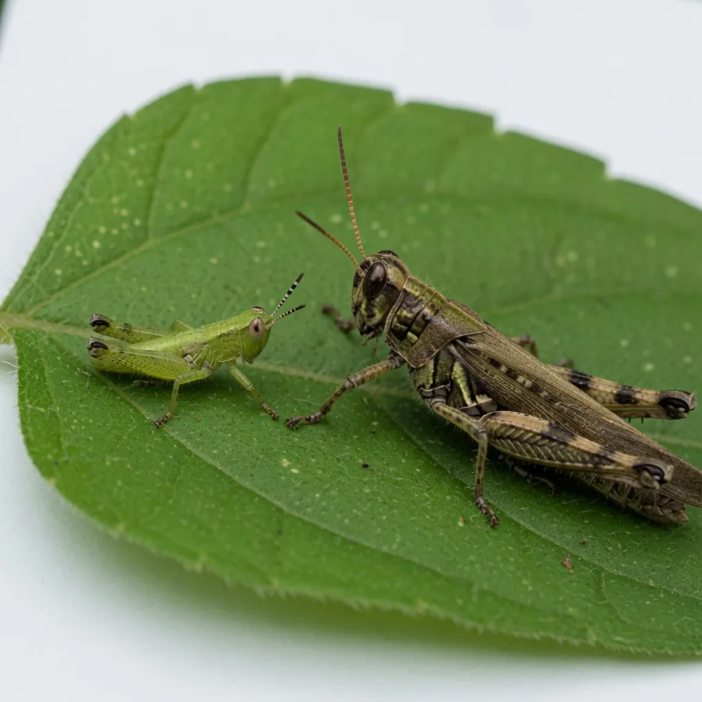 Side-by-side comparison of a small pale wingless grasshopper nymph and a fully grown winged adult grasshopper on the same leaf