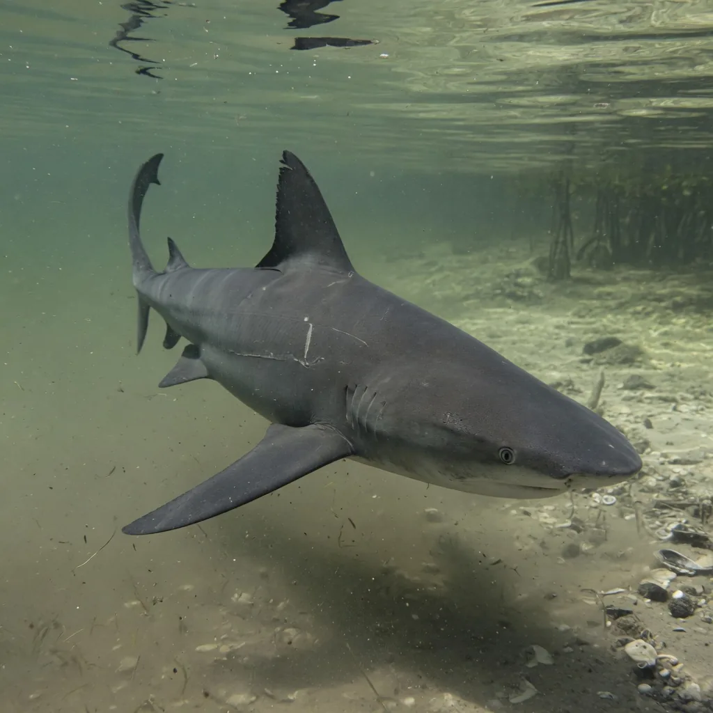 A stocky bull shark swimming in murky shallow coastal water, its thick body and blunt snout clearly visible