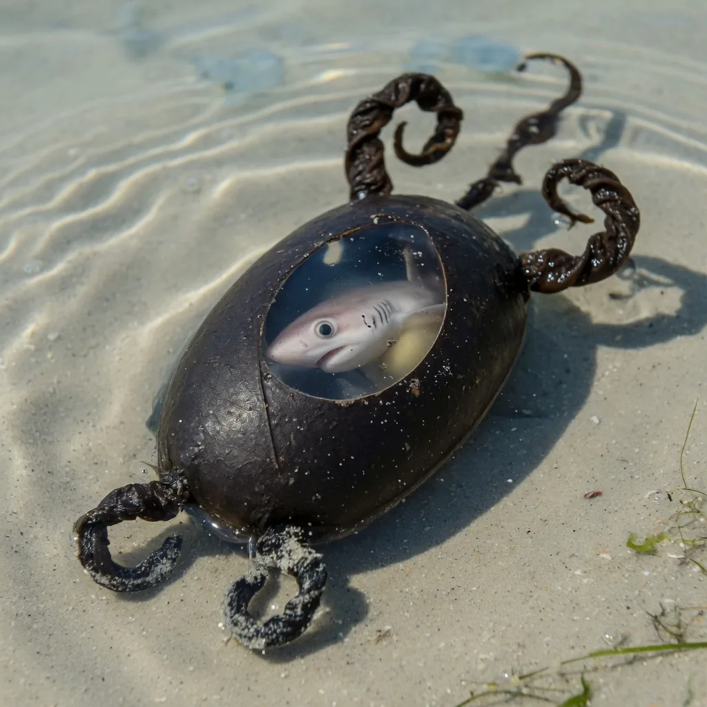 A shark egg case, also called a mermaid's purse, on the sandy seabed with a developing embryo visible inside