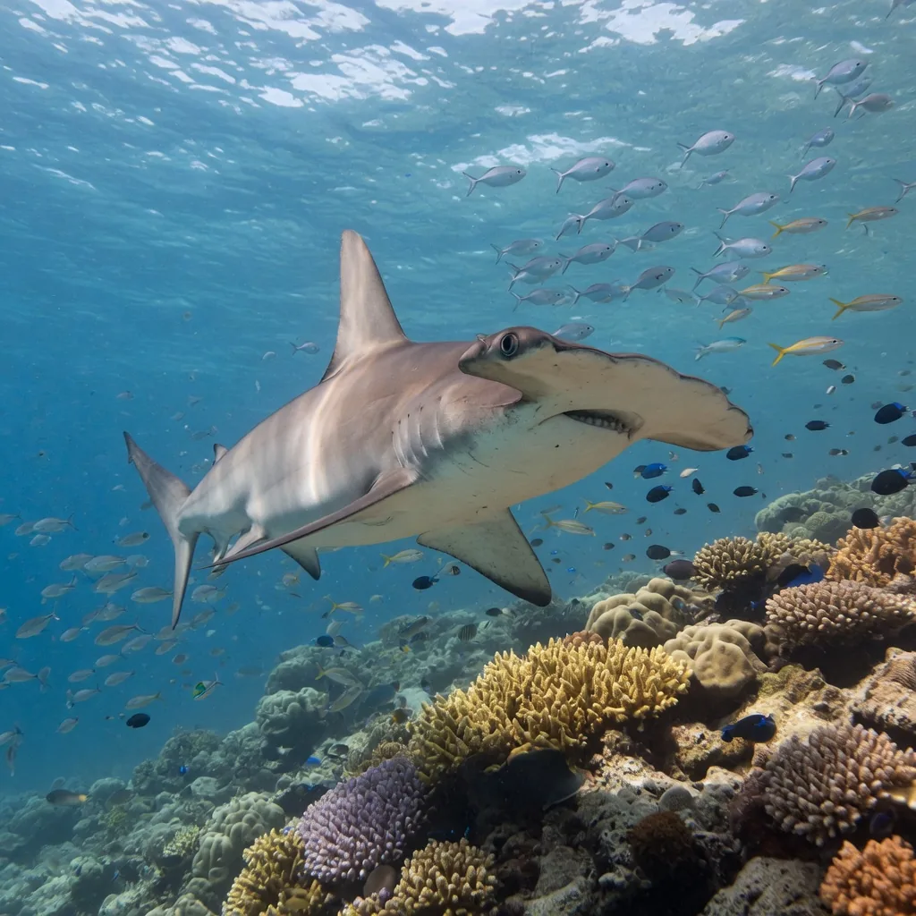 A hammerhead shark swimming near a coral reef, its distinctive wide flat head clearly visible