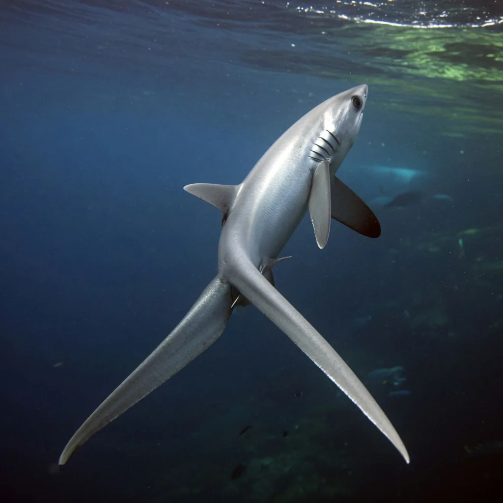 A thresher shark in deep blue ocean water, its extraordinarily long tail fin extending behind it