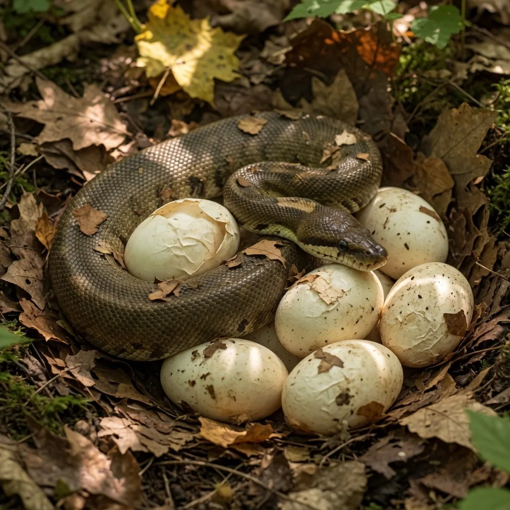 A ball python coiled around a clutch of soft leathery eggs on a forest floor