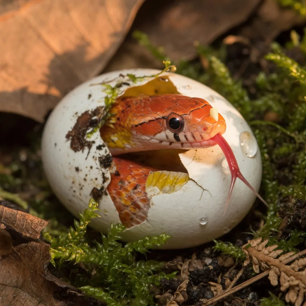 A tiny corn snake hatchling emerging from its egg, tongue flickering