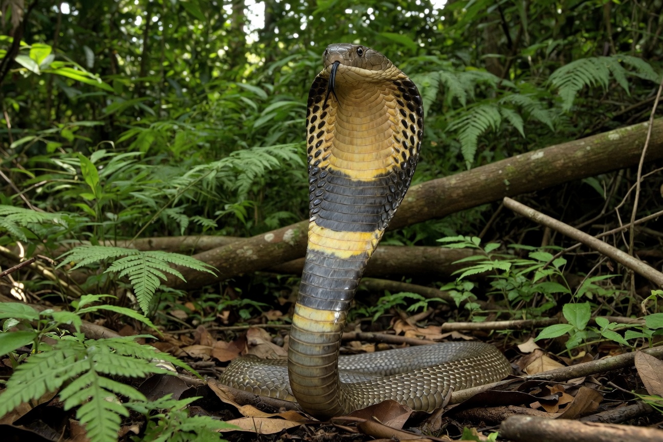 A cobra with its hood spread stands upright in a forest setting surrounded by ferns and fallen logs.