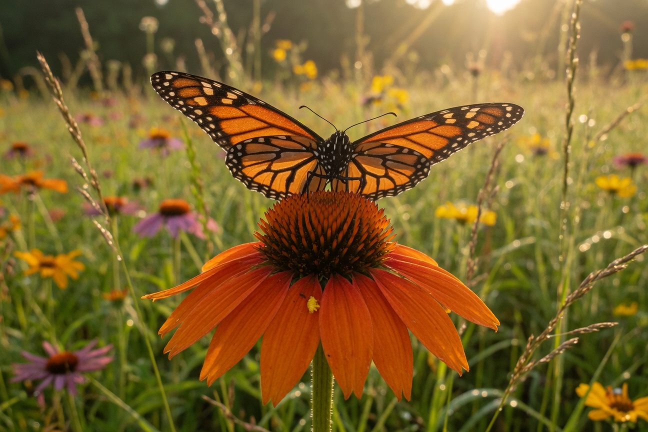 A Monarch butterfly rests on an orange coneflower in a sunlit meadow filled with wildflowers.