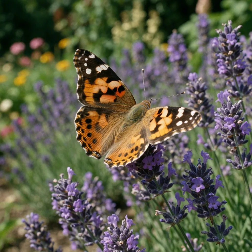 A painted lady butterfly in flight over lavender flowers, its orange-brown and black wings caught mid-flap