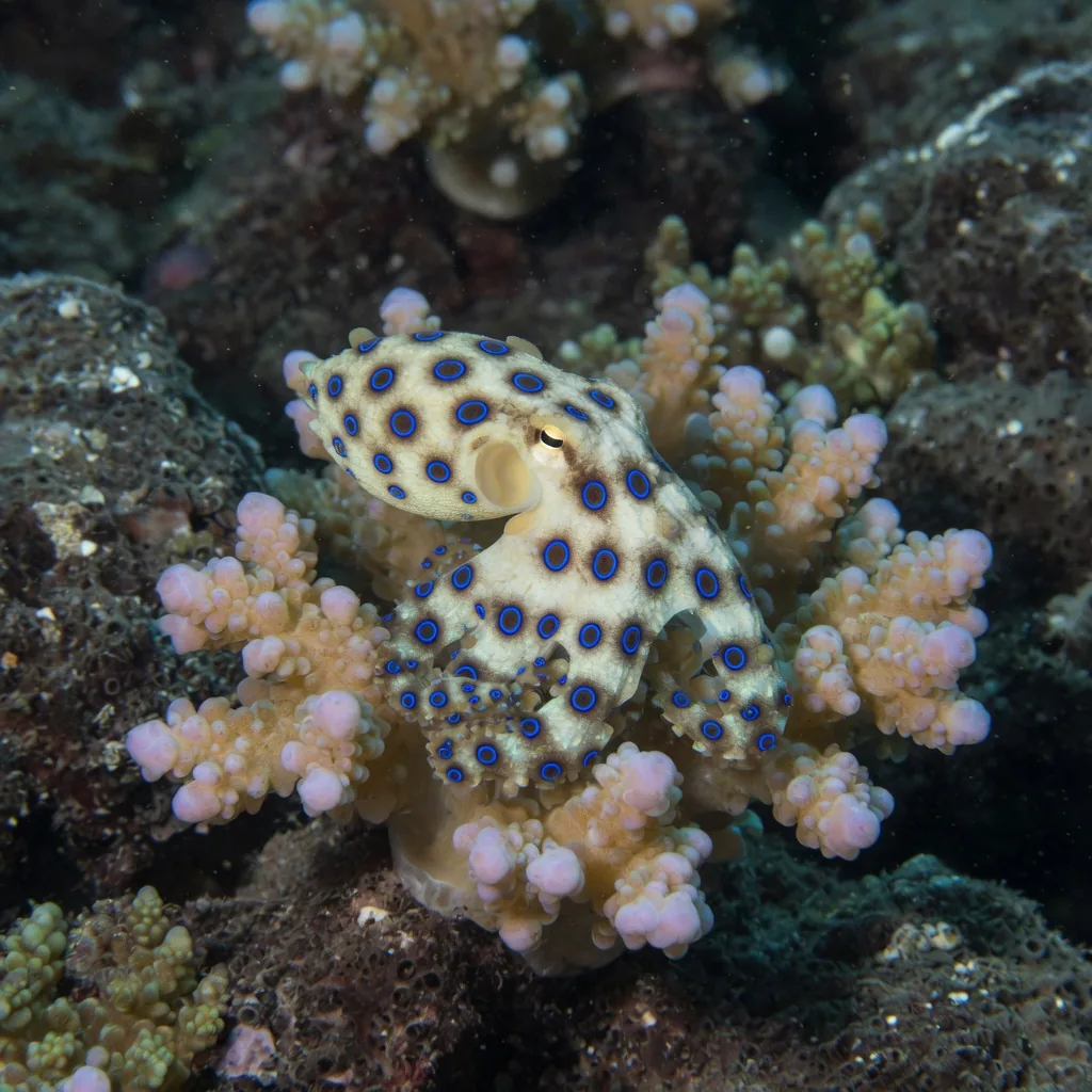 A blue-ringed octopus on a coral reef, showing its vivid electric-blue rings, a warning of deadly venom.