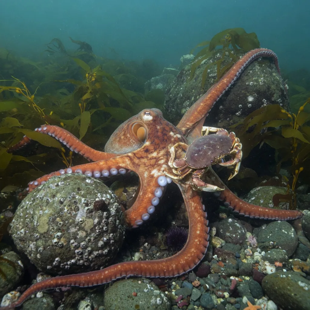 A North Pacific giant octopus spreading its enormous arms across a rocky sea floor, its arm-span reaching over 14 feet.