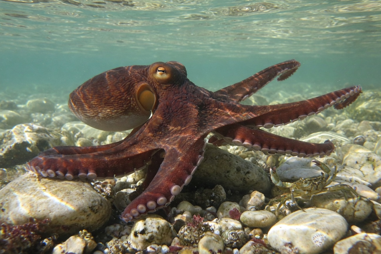 A reddish octopus rests on a rocky seabed near a small crab.