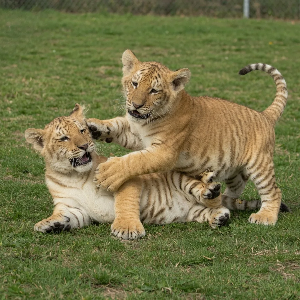 Two young liger cubs playing together on grass, showing their playful nature and sandy striped coats