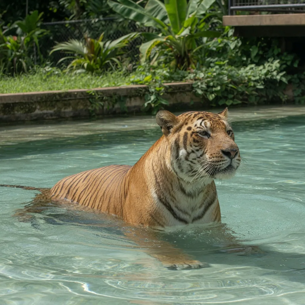 A large liger swimming in a sanctuary pool, its powerful body half-submerged, sandy striped coat glistening wet