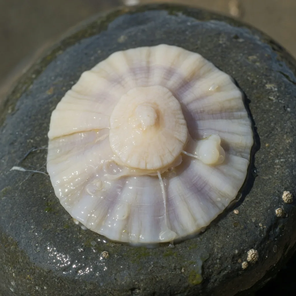 Close-up of a limpet's pale muscular foot gripping a smooth coastal rock, showing the sticky mucus contact interface