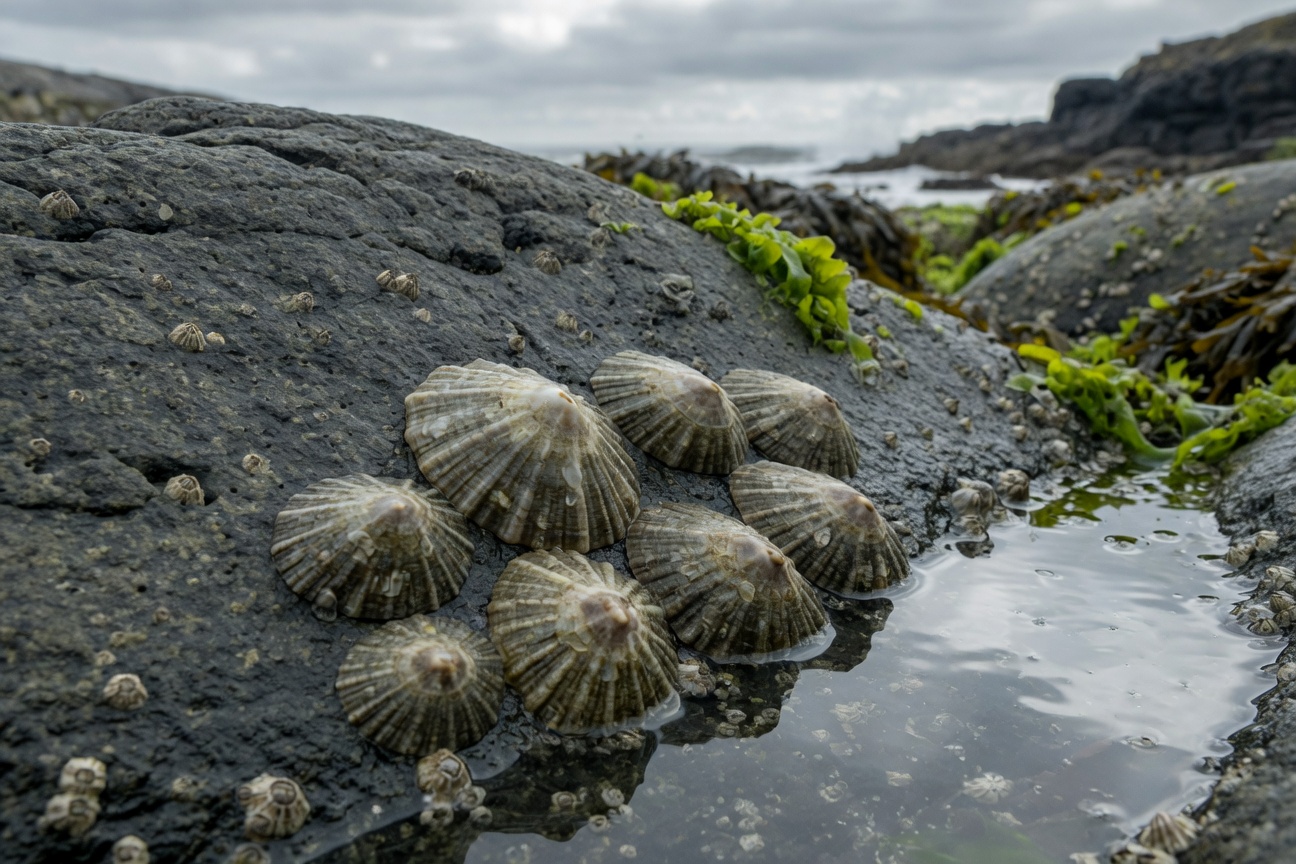 A cluster of limpets and barnacles clings to a wet, dark rock beside a tide pool.