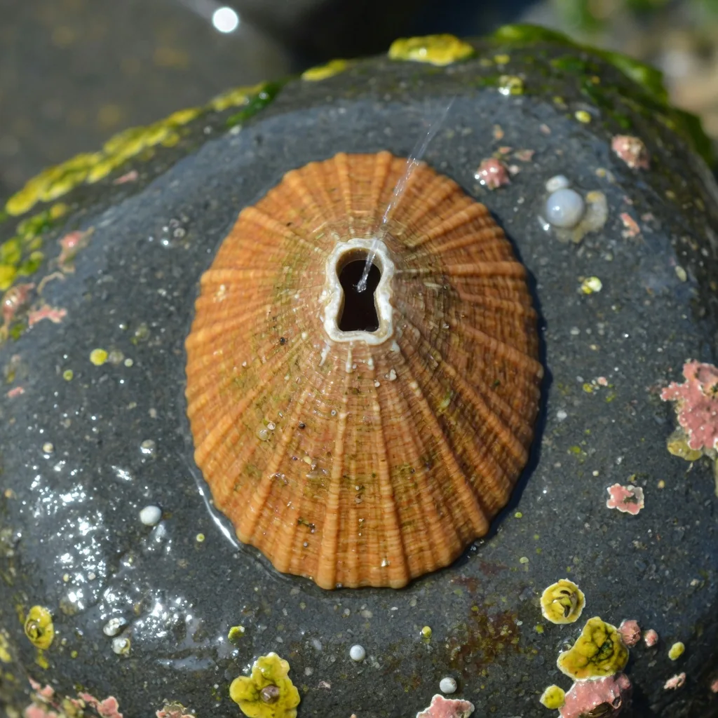Keyhole limpet viewed from above on a tidal rock, showing the distinctive oval opening at the apex of its ribbed amber shell